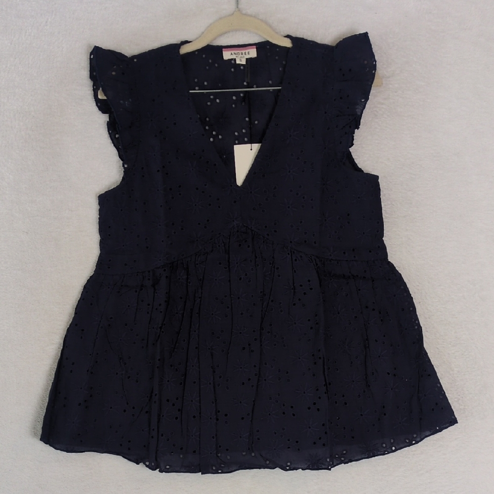 Andree Women's Navy Eyelet Farmhouse Sleeveless Blouse Size S